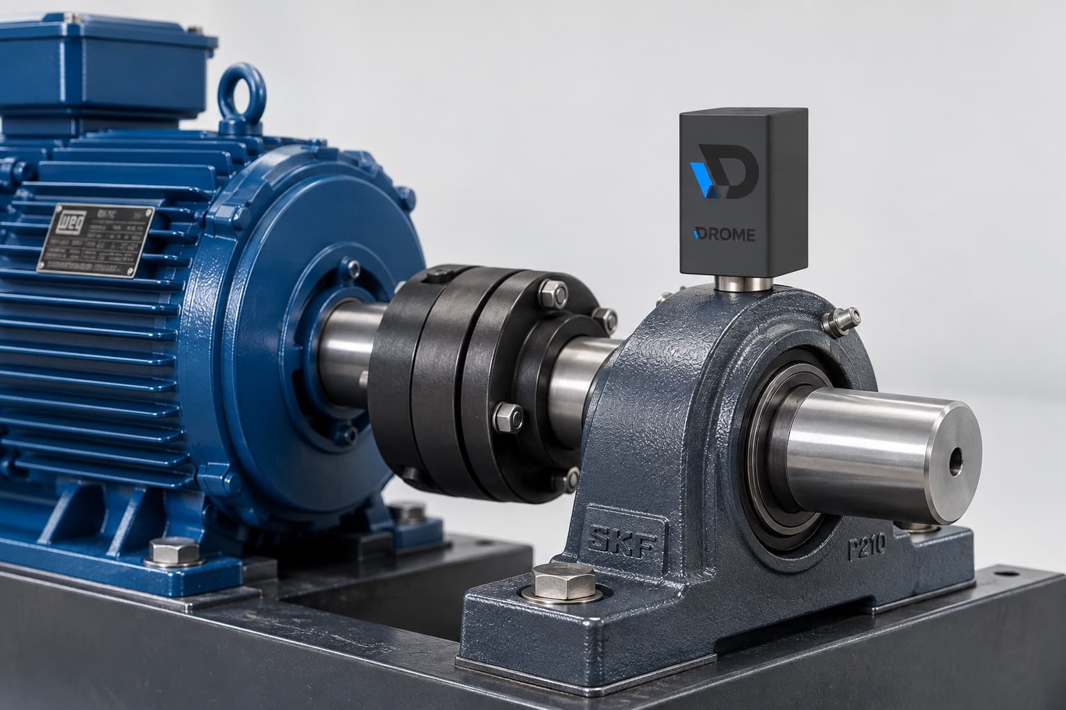 SVM Vibration Sensor installed on an SKF bearing housing coupled to an electric motor