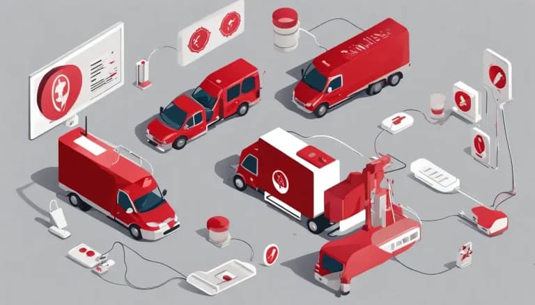 Caminhão de transporte de sangue monitorado remotamente, simbolizando segurança e qualidade no transporte de sangue, com hospital e elementos cibernéticos.