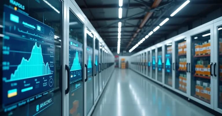 Dispositivos IoT monitorando armazenagem em cadeia fria com gráficos e alertas digitais