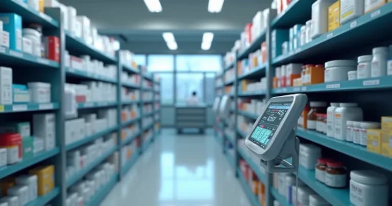 Equipamentos de monitoramento IoT instalados em prateleiras de farmácia com sensores e telas mostrando dados ambientais
