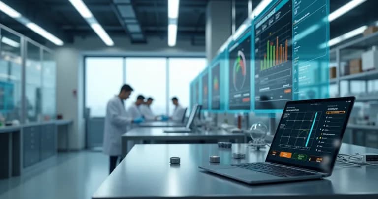 Laboratório moderno com telas digitais exibindo monitoramento IoT de condições ambientais e sensores ativos