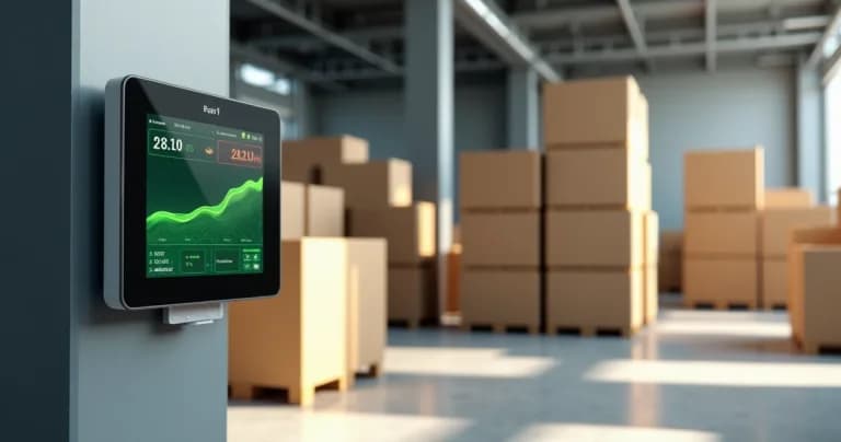 Sensor de umidade monitorando ambiente interno de armazém com caixas empilhadas e painel digital com gráficos