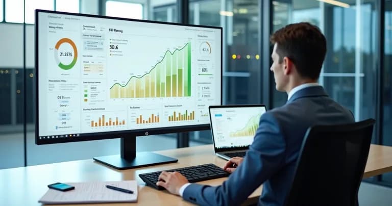 Manager analyzing ROI charts on SaaS monitoring dashboard