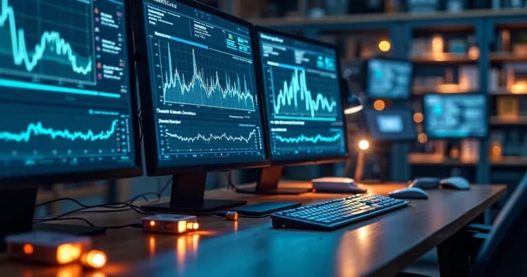 Tela de computador mostrando gráficos de dados de sensores com alertas de erro de transmissão e equipamentos IoT conectados ao fundo