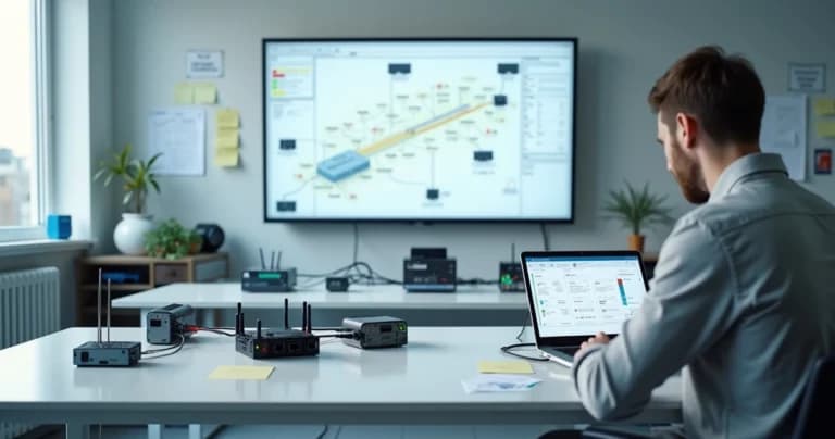 Engenheiro configura dispositivos IoT em bancada com diagramas na tela ao fundo