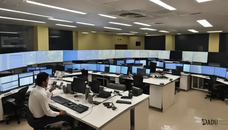 Sala de controle de operações com engenheiros monitorando dados em tempo real em telas grandes, representando a telemetria essencial para observabilidade.