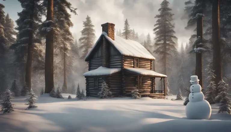 Cabana de madeira isolada rodeada por pinheiros densos em uma floresta nevada, com fumaça saindo da chaminé e um boneco de neve na frente.