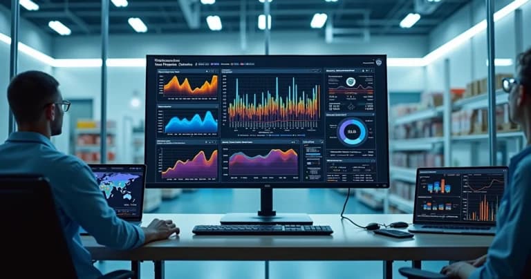 Tela de computador exibindo gráficos de análise preditiva com dados de sensores IoT em ambiente de armazenamento de insumos sensíveis
