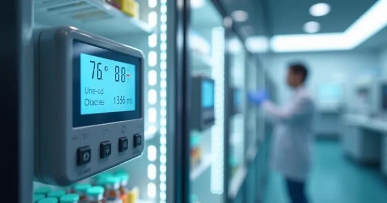 Sensor de temperatura digital instalado dentro de uma geladeira para vacinas, com tela iluminada mostrando dados em tempo real