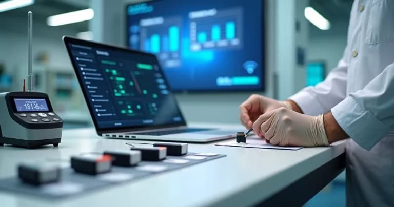 Técnico verificando calibração de sensores wireless em bancada de laboratório