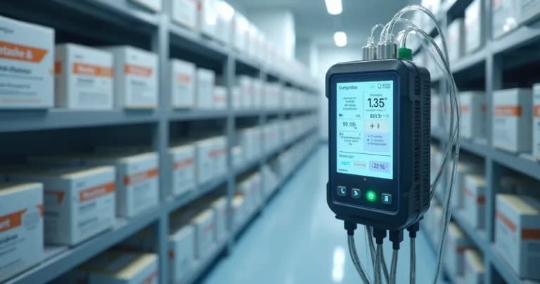 Datalogger moderno conectado a sensores em ambiente de armazenamento controlado com caixas de medicamentos e vacinas