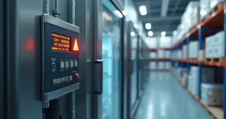 Equipamento de refrigeração profissional com painel digital mostrando alerta de falha em ambiente industrial