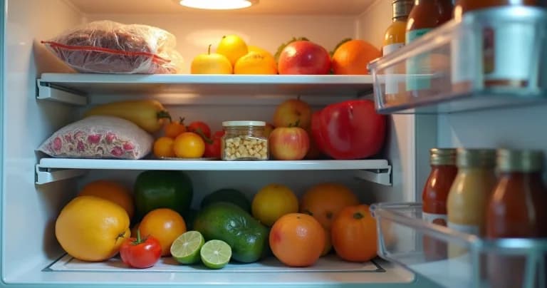 Improperly stored food in refrigerator with visibly spoiled fruits and vegetables and open packaging in a kitchen