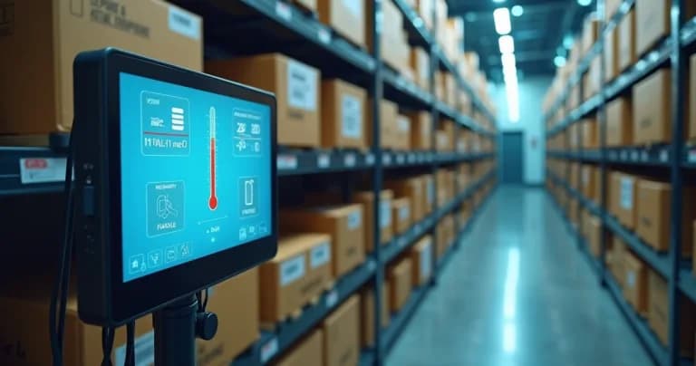 Equipamento de monitoramento digital em armazém controlando temperatura e umidade de insumos delicados