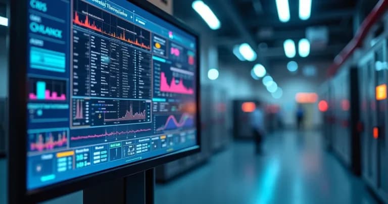 Tela digital exibindo gráficos e alertas em tempo real sobre descarte seguro de materiais sensíveis com inteligência artificial