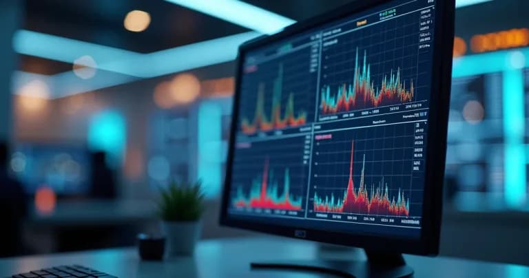 Monitor com gráficos de dados ambientais e alertas de falhas em tempo real