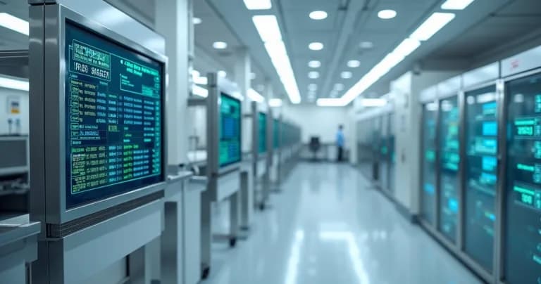 Laboratório clínico moderno com equipamentos IoT monitorando condições ambientais em tempo real