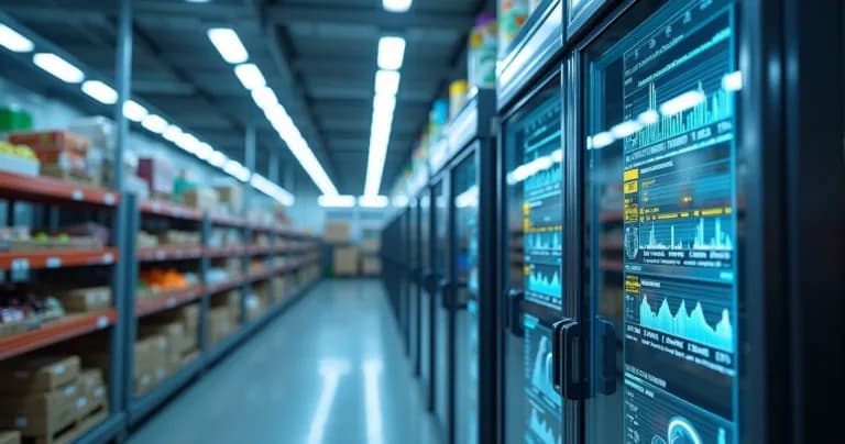Painel digital de monitoramento IoT exibindo dados ambientais em ambiente de armazenamento de alimentos