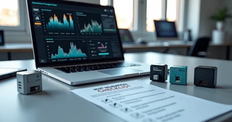 Office desk with IoT sensors, laptop displaying monitoring charts, and printed checklist for sensor validation