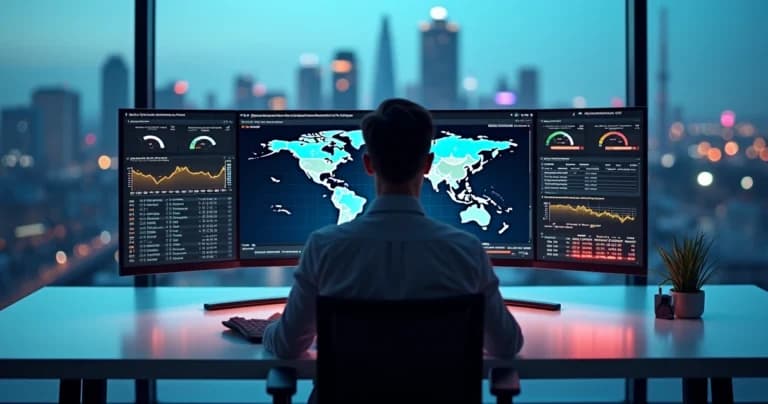 Profissional analisando dashboard de monitoramento remoto em múltiplas telas
