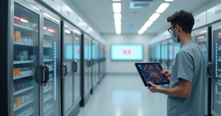 Profissional monitora em tablet os pontos críticos de temperatura em câmaras frias de clínica