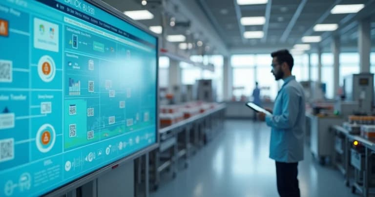 Painel digital de rastreabilidade monitorando produtos em linha de produção
