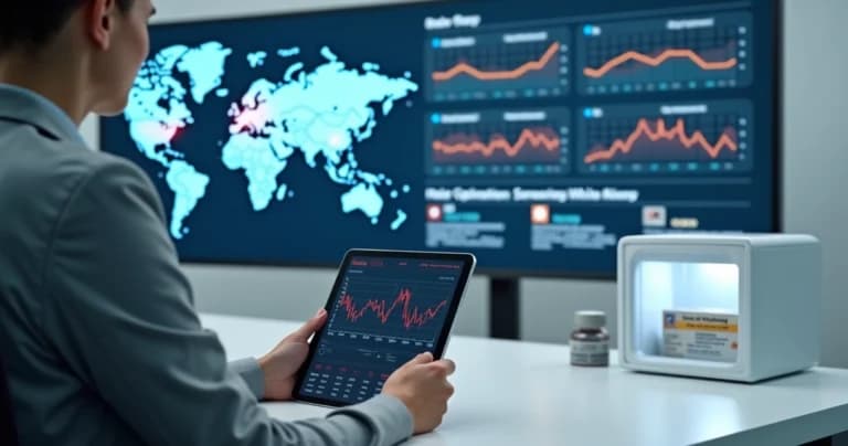 Profissional analisando relatório digital de eventos críticos da cadeia do frio em tablet conectado a sensores IoT