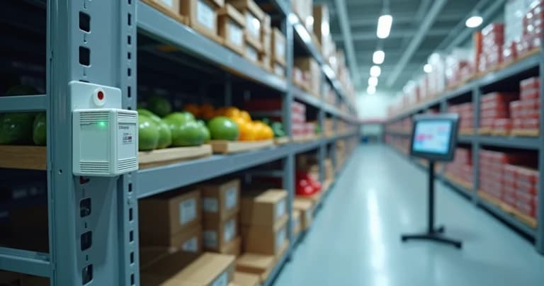 Sensores sem fio monitorando temperatura em estoque refrigerado de alimentos perecíveis