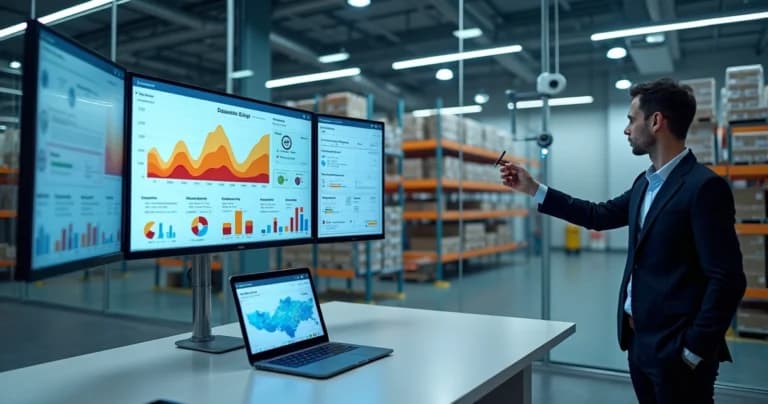 Painel com gráficos de demanda sazonal e sensores IoT em armazém automatizado