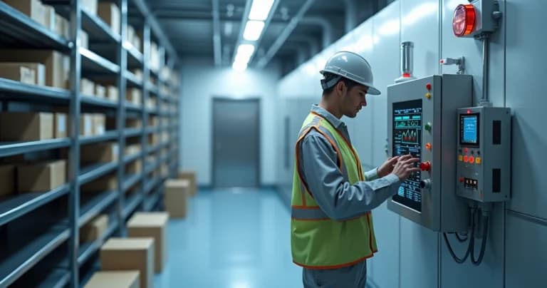 Técnico verificando painel de alarmes em câmara frigorífica industrial