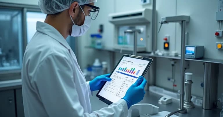 Profissional conferindo checklist de biossegurança em laboratório com sensores de monitoramento