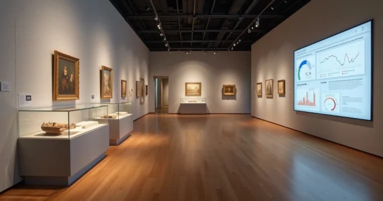 Sala de museu com vitrines de arte e sensores de monitoramento ambiental discretos nas paredes