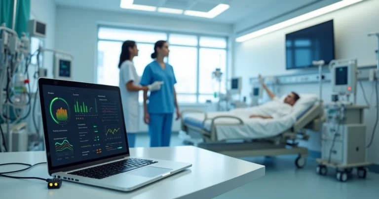 Equipe monitorando sensores de telemetria em leitos hospitalares por meio de painel em laptop