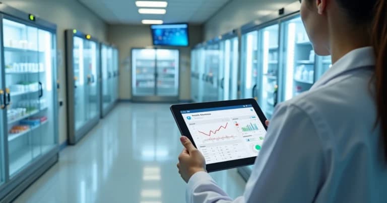 Painel de monitoramento de temperatura com sensores IoT em câmara fria de vacinas