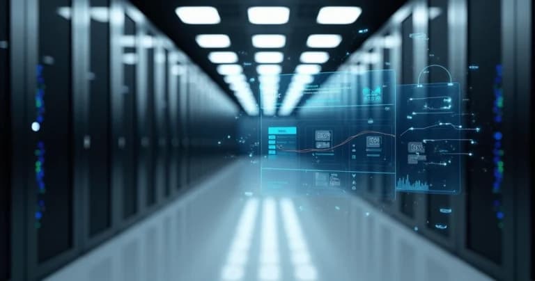 Sensores IoT monitorando umidade em corredor de data center moderno