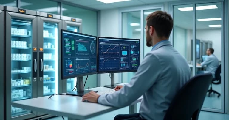 Profissional monitora câmaras frias de vacinas em painel digital com sensores IoT