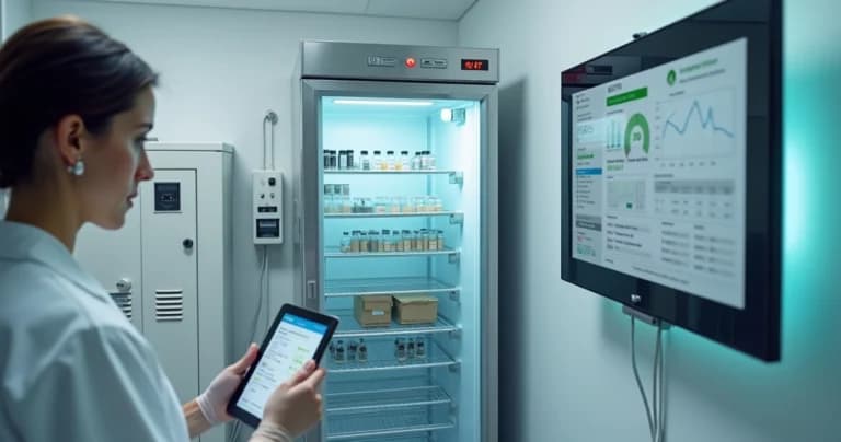 Profissional verifica geladeira de vacinas ligada a monitor de temperatura e gerador de energia