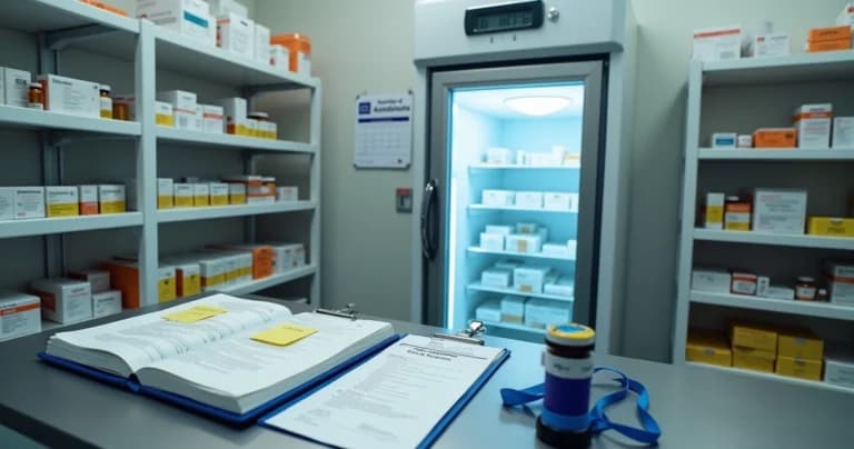 Prateleiras com medicamentos sensíveis organizados ao lado de livros de legislação e crachá de inspeção disposto sobre a bancada