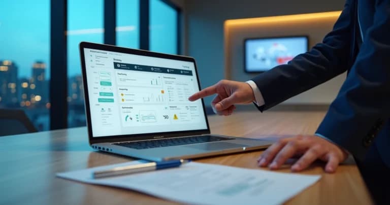 Profissional analisando checklist de compliance em painel SaaS com fluxo de aprovação digital