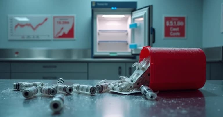 Medicamentos descartados de geladeira hospitalar com gráfica de custos em segundo plano