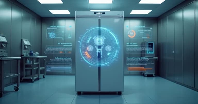 Radiografia digital de um freezer hospitalar exibindo dados preditivos de manutenção