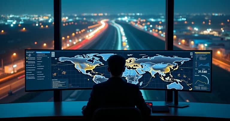 Painel digital controla rota logística complexa com caminhões em cidade noturna