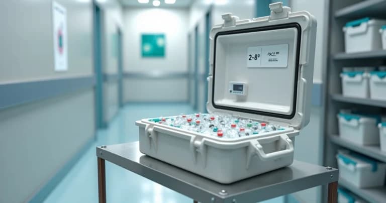 Caixa térmica com frascos de vacinas e sensor digital de temperatura em ambiente clínico