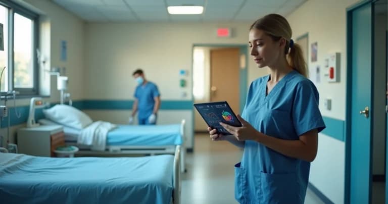 Enfermeira confere tablet com painel de monitoramento em leitos de pequeno hospital