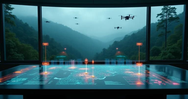 Drones e painel de IA monitorando floresta à distância