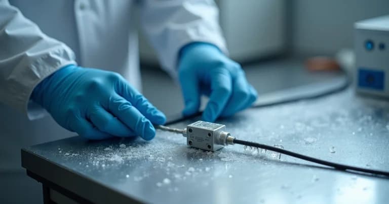 Técnico ajusta sensor pequeno em superfície metálica congelada com formação leve de gelo
