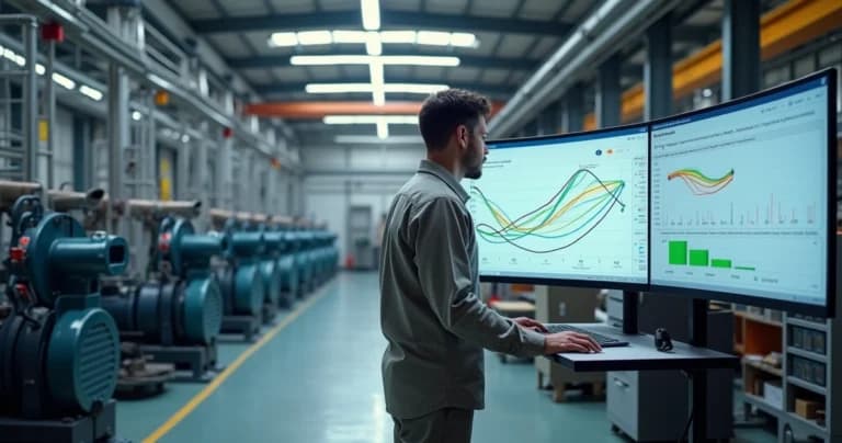 Gestor observa dashboard preditivo de manutenção em frente a maquinário industrial