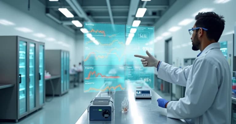 Cientista em laboratório analisa painel digital com previsão de anomalias em câmaras frias