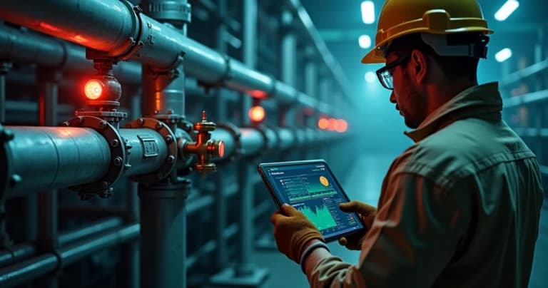 Engenheiro monitora vazamento de gases industriais em tubulações com sensores e luz de alerta