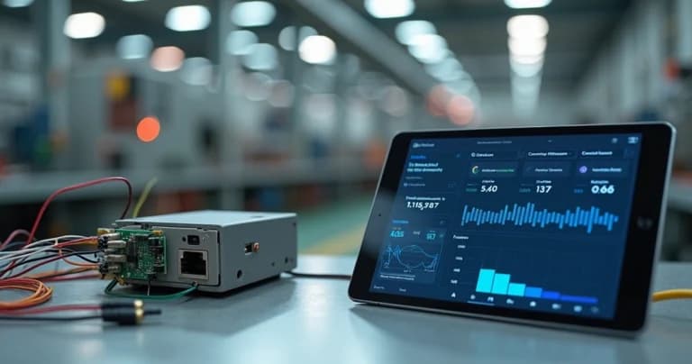 Placa com sensor analógico conectado a gateway IoT exibido em tablet sobre bancada industrial